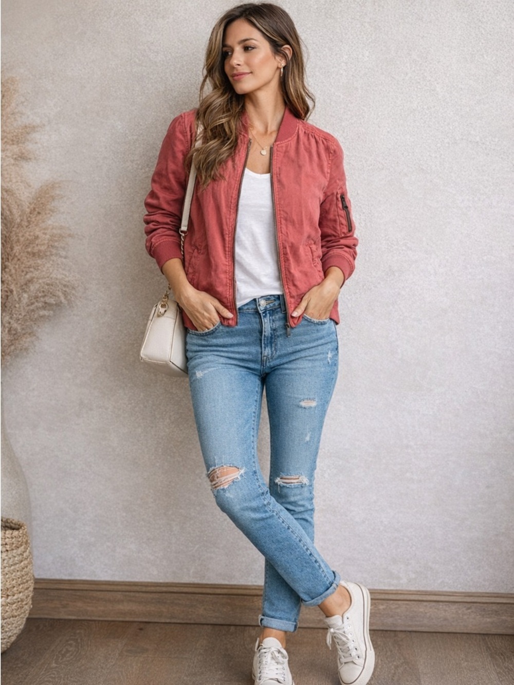 Dear John Red Bomber Jacket Lightweight Zip Up Casual Chic Size S